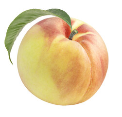 Peach fruit with leaf isolated on white background, Fresh White Peach on White Background PNG file.