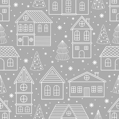 Seamless pattern with Christmas houses and Christmas tree. Great for fabric, textile vector illustration