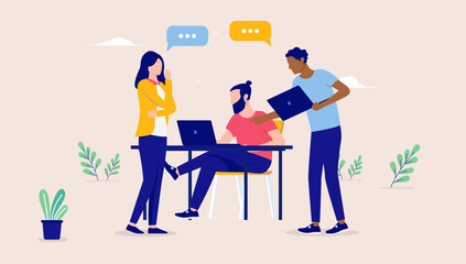 Team solving problem by communication - Small group of diverse office people talking and discussing with computers. Flat design vector illustration