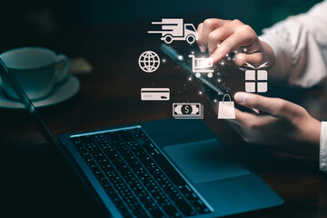 Women using smartphone shopping online and service, buy product discount on store. laptop on tabel. concept shopping e-commerce on website.