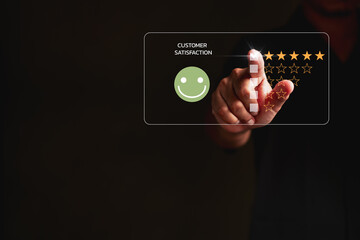 Men using virtual screen give satisfaction customer positive. give rating service 5 star, concept review feedback choose a quality user smile. copy space