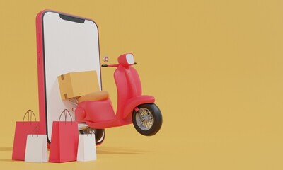 Smartphone blank display with scooter motorcycle Delivery service with parcel box GPS pin location.mobile application Fast delivery concept.3d render illustration.