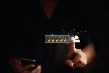 Men using smartphone and virtual screen give satisfaction customer positive. give rating service 5 star, concept review feedback five star, user smile happy.