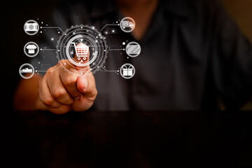 Men using virtual screen shopping online and service, buy product discount on store. concept shopping e-commerce on website.