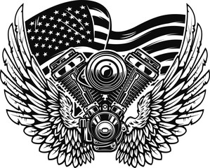 Illustration of twin engine with wings on american flag background. Design element for poster, card, banner, sign, emblem. Vector illustration