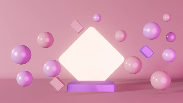 Purple pink neon cube podium glowing stage flying spheres 3d animation loop 4K. Geometric pedestal design geometric composition. Cosmetics product shiny showcase minimal scene presentation background