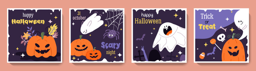 Happy Halloween greeting square card set. Cute autumn backgrounds with ghosts, pumpkins, spider web, leaves. Colorful vector templates for social media post, flyer, postcard design