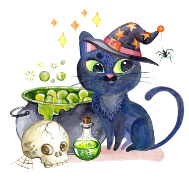 Halloween cute black cat and cauldron watercolor illustration