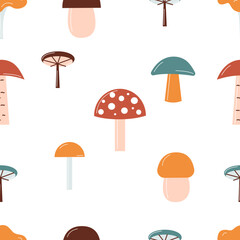Mushrooms seamless pattern. Cute cartoon forest fungi repeat texture. Kids autumn fabric, textile print design, nursery wallpaper. Vector illustration isolated on white background