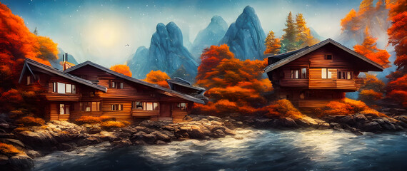 Fototapeta premium Artistic concept painting of a beautiful winter house, background illustration.