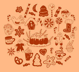 Set doodles Christmas food sweet. Gingerbread house, Christmas gingerbread and caramel stick, creamy dessert and candies, New Years cake, dessert in cup and lollipops. Isolated vector hand drawns