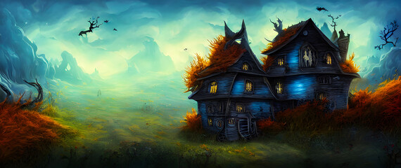 Fototapeta na wymiar Artistic concept painting of a witch house, background illustration.
