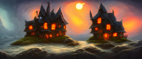 Artistic concept painting of a witch house, background illustration.