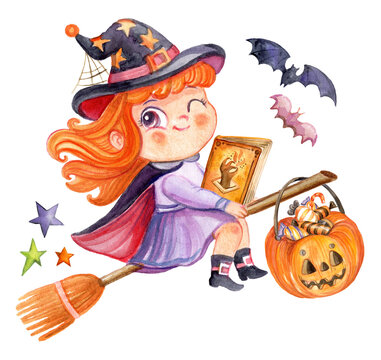 Halloween witch with a book on a broomstick watercolor illustration