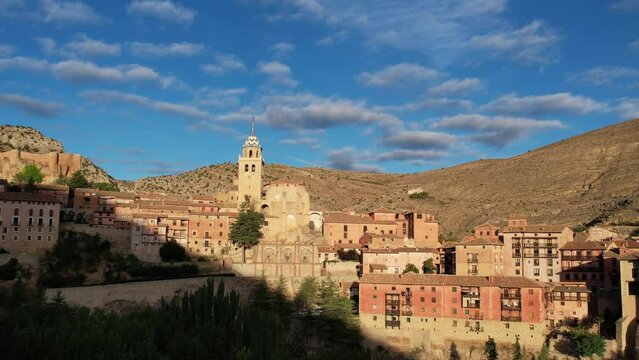 Panoramic view of Albarracin village, in Teruel, Spain, one of the most beautiful  spanish locations, recorded afte dawn in a summer morning. 4K.