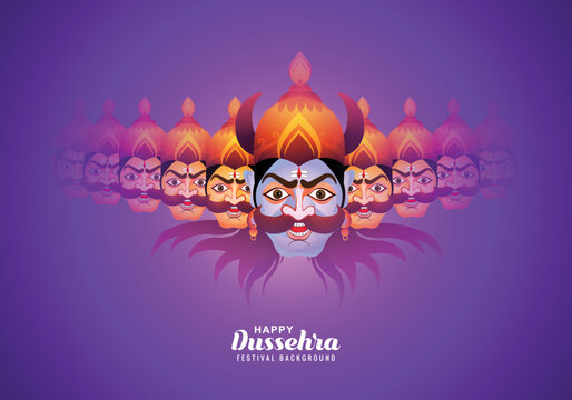 Happy Dussehra Celebration Angry Ravan With Ten Heads And Bow Card Design