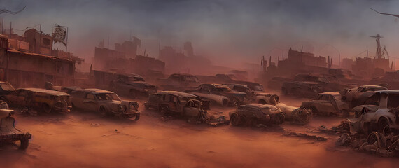 Artistic concept painting of desert junk town, background illustration.