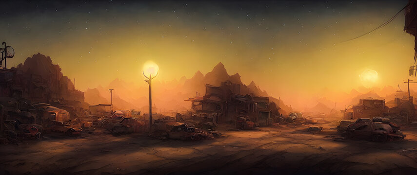 Artistic concept painting of desert junk town, background illustration.