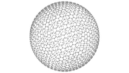 Spheres shredded into fine hexagonal atoms of metallic silver under white background. Concept 3D CG of high-precision strength analysis, blockchain information technology and social human relations.
