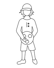 The student is holding a soccer ball in his hands. Sketch. A boy in a cap and a sports uniform at a physical education lesson. Vector illustration. School theme. Coloring book for children.