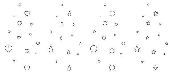 Hearts, drops, bubbles and stars. Rising up vector elements set. Sketches of symbols of love, dripping drops, round balls and celestial bodies. Coloring book for children. 