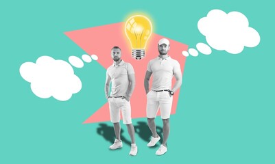 Colleagues think idea with light bulb on color background