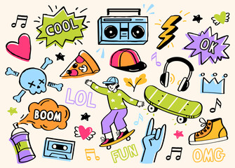 Skateboarding sticker set. Hand drawn icons with skater, lightning, heart, spray paint can, headphones and cap. Elements for social network. Cartoon flat vector collection isolated on beige background © Rudzhan