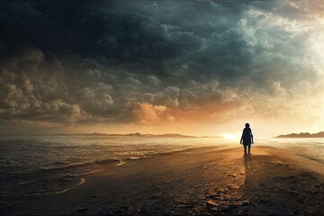 illustration of a single person at the sea in the impressive sunset