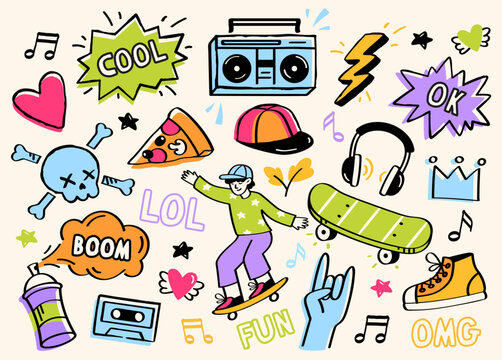Skateboarding sticker set. Hand drawn icons with skater, lightning, heart, spray paint can, headphones and cap. Elements for social network. Cartoon flat vector collection isolated on beige background