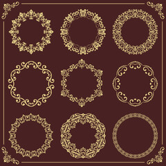 Vintage set of round elements. Golden elements for design frames, cards, menus, backgrounds and monograms. Classic patterns. Set of golden patterns