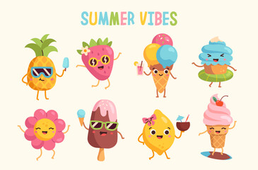 Summer vibes concept. Set of cute ice cream, strawberry, pineapple and flower characters. Seasonal beach activity. Leisure and vacation. Cartoon flat vector collection isolated on beige background