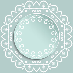 Round frame with floral elements and arabesques. Light blue and white pattern with arabesques. Fine greeting card