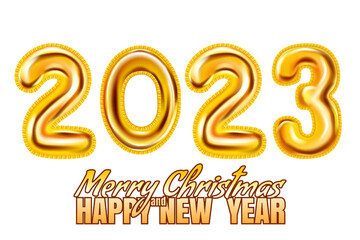 Fototapeta premium 2023 Golden foil numerals balloons, Merry Christmas and Happy New Year 2023 banner