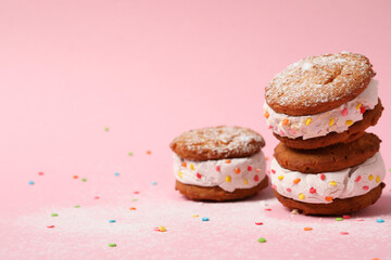Concept of sweet food, cookies with ice cream, space for text