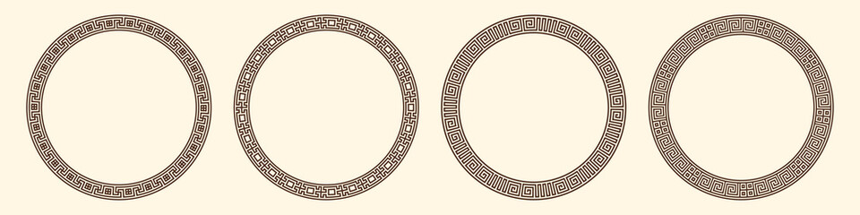 Greek key pattern, round frames collection. Decorative ancient meander, greece border ornament set with repeated geometric motif. Vector EPS10.