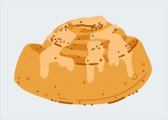 Bun with cinnamon and icing close-up. Delicious winter baking. Vector illustration in a flat style.