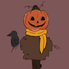 Helloween pumpkin scarecrow holding crow illustration Vector