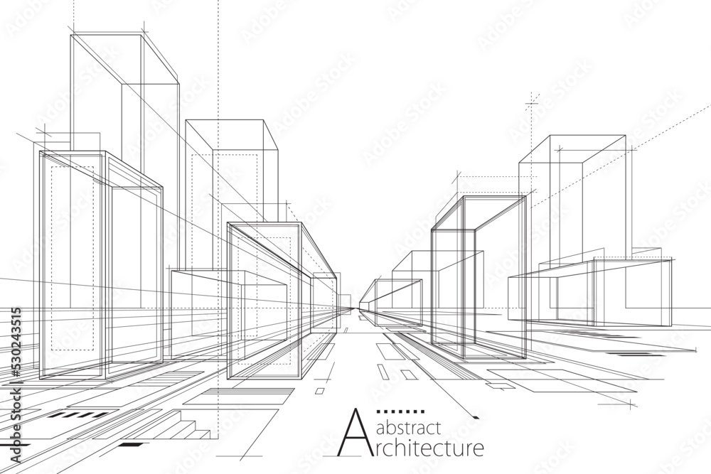 Poster 3d illustration outline drawings of abstract modern urban buildings and architecture.