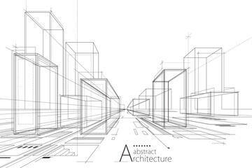 3D illustration Outline drawings of abstract modern urban buildings and architecture. - 530243515
