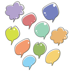 Set of color speech bubbles. Cartoon Vector illustration. Isolated on transparent white background. Hand draw style, dialog clouds