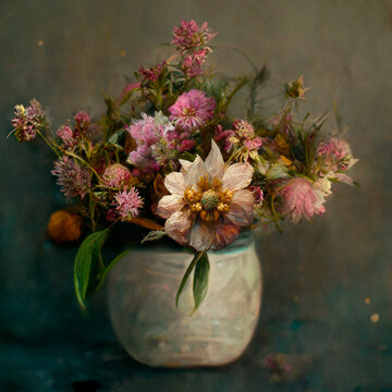 Bouquet of flowers in vase. Flowers still life, ai generated image. Digital oil painted illustration.