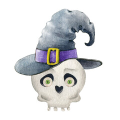 Funny scull in a witch hat. Watercolor illustration. Halloween scary element. Hand drawn human funny scull waring a witch magic hat. White background