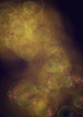 Vector Magical Gold Shine Background with Bokeh Blurred Glowing Circles on Black. Starlight Fog Texture. Christmas and New Year Design. Glowing Light on Dark Purple. Bokeh Background.