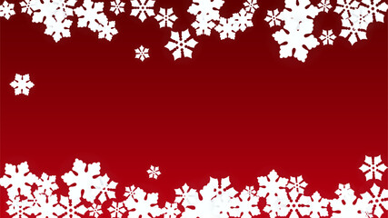 Christmas  Vector Background with Falling Snowflakes. Isolated on Red Background. Realistic Snow Sparkle Pattern. Snowfall Overlay Print. Winter Sky. Papercut Snowflakes.