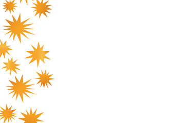 Stars golden glitter confetti isolated on blurred abstract white background. Festive holiday background. Celebration concept. Falling magic gold particles. Invitation mock up. Top view, flat lay