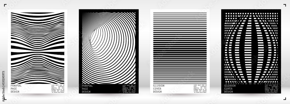 Wall mural Geometrical Poster Design with Optical Illusion Effect.  Minimal Psychedelic Cover Page Collection. Monochrome Wave Lines Background. Fluid Stripes Art. Swiss Design. Vector Illustration for Placard.