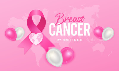 Happy Breast Cancer Day October 19th illustration horizntal banner with pink ribbon balloons on global maps background