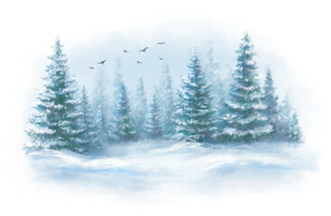 Pastel background drawn landscape of foggy forest, winter hill. Wild nature, taiga with the birds in the sky.