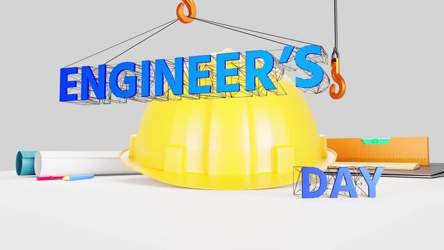 3D Metal Engineer's Day text attached on wire-frame structure. One word hanging from crane hook is coming down. Yellow hard hat, paper rolls, ruler, laptop, pencil etc. in background. 3d render.