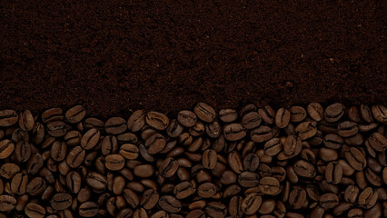 Ground coffee and coffee beans top view